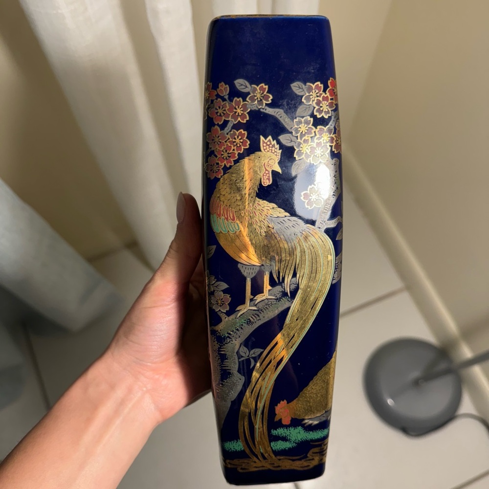 Vintage Kutani Cobalt Blue Bird Vase Gold Trim With Flowers Japnese Style